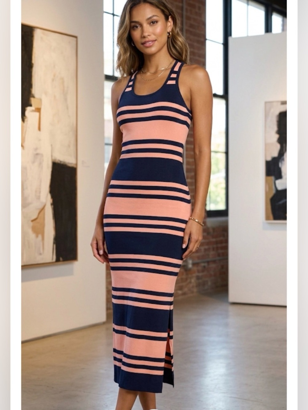 French Connection Peach and Navy Striped Midi Dress